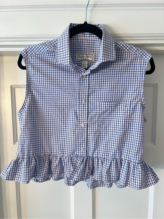 Jos. A. Bank Tops - Upcycled Sleeveless Ruffled Hem Button-Down Top in Blue, Pink & White Check